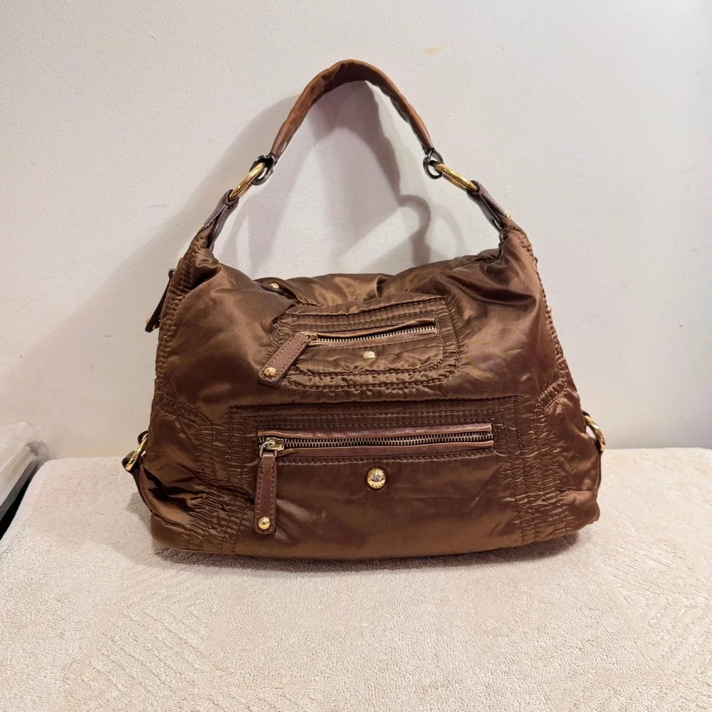 Tod's Women's Brown Nylon Leather Hobo Zip Pockets Gold Tone Shoulder Bag Y2K